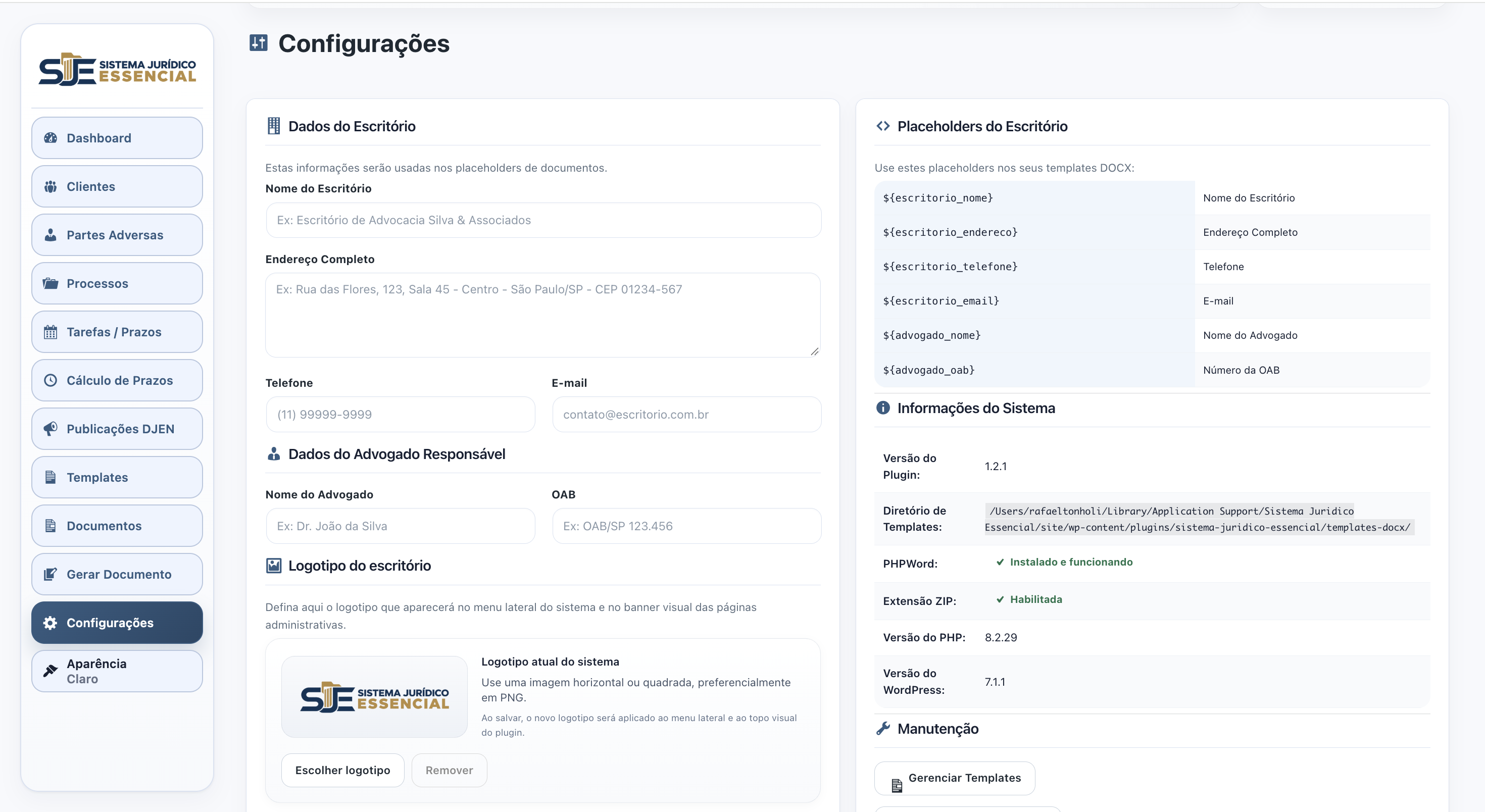 Configurações do sistema